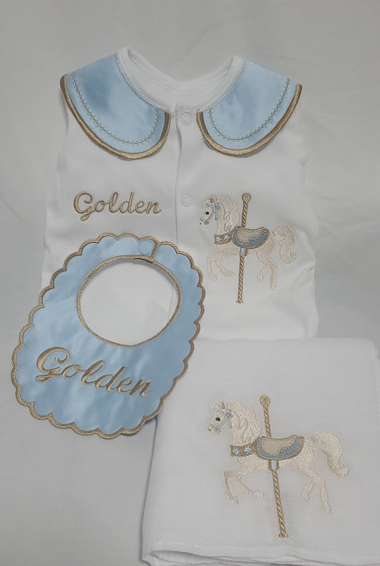 Carousel blue satin Babygrow set