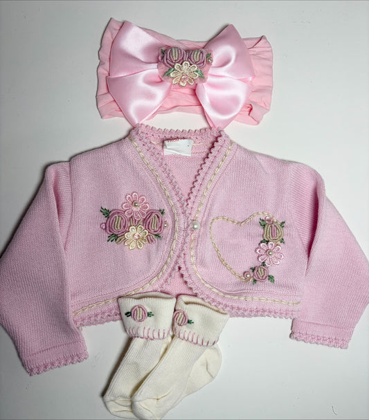 Rose Embroidered Pink cardigan Set