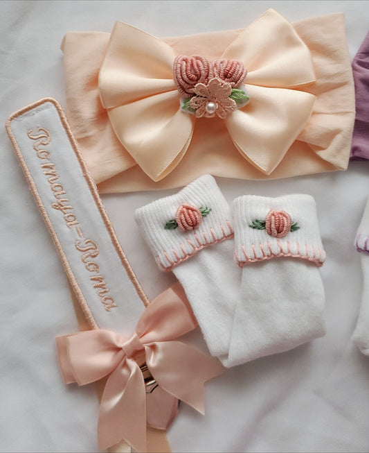 Embroidered Headband, Socks and Dummy clip set