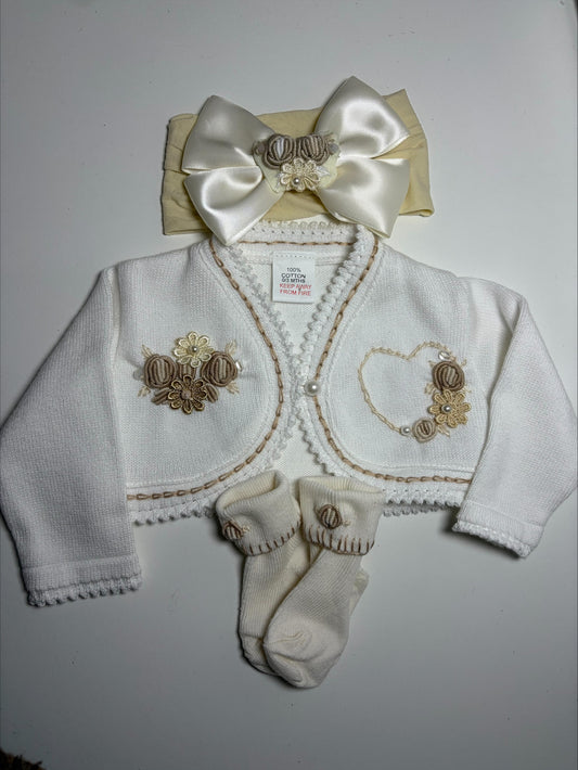 Rose Embroidered Ivory cardigan Set